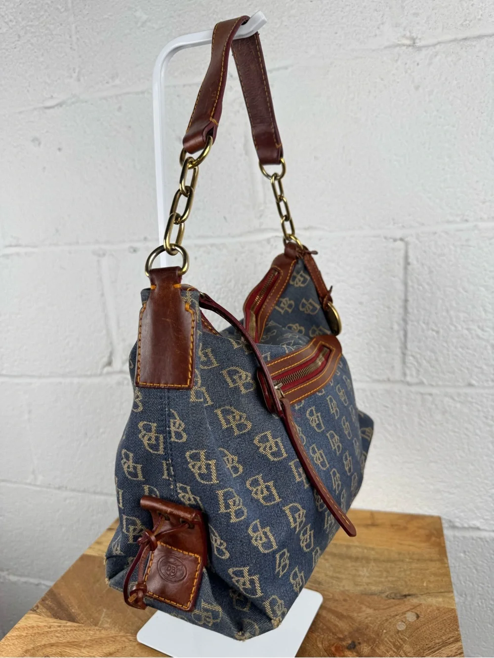 Dooney & Bourke Denim Monogram Hobo Shoulder Bag Leather Duck Charm Y2K